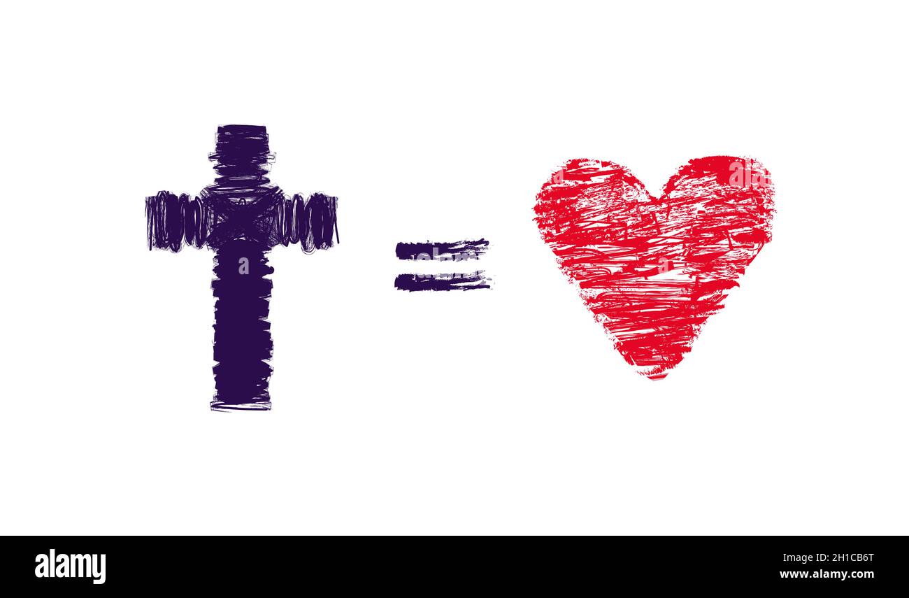 Dio è simbolo di vernice di amore. Modello a grunge con disegno a forma di pennello, t-shirt. Disegno a mano elegante icona concetto. Segno religioso moderno. Gesù croce Illustrazione Vettoriale