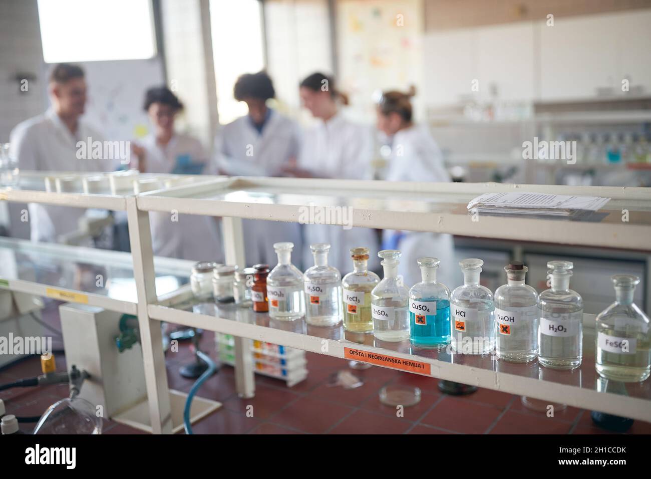 Giovani studenti di chimica che si preparano per un lavoro in un laboratorio universitario sterile. Scienza, chimica, laboratorio, persone Foto Stock