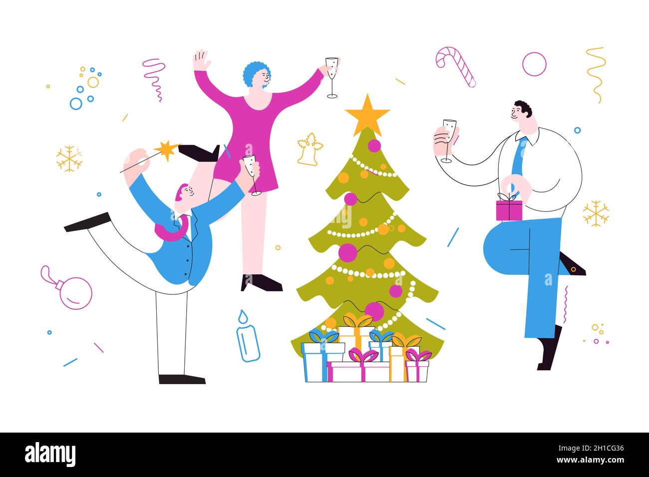 Modello banner orizzontale di festa di Natale in ufficio. Le persone dei colleghi si congratulano, si regalano e bevono champagne isolato su bianco. F Illustrazione Vettoriale