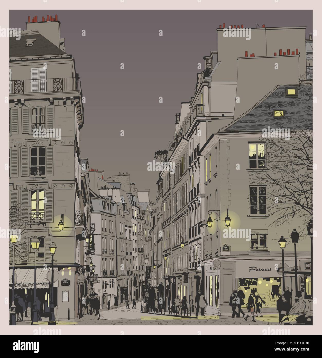 Strada di Parigi di notte - illustrazione vettoriale Illustrazione Vettoriale