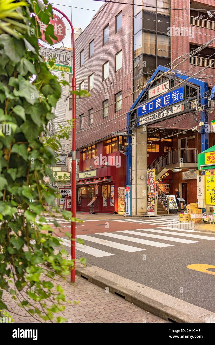 Porta d'ingresso in metallo blu della strada dello shopping decorata con piante dall'uscita ovest della stazione di Kanda sulla linea Yamanote. La strada si estende ove Foto Stock