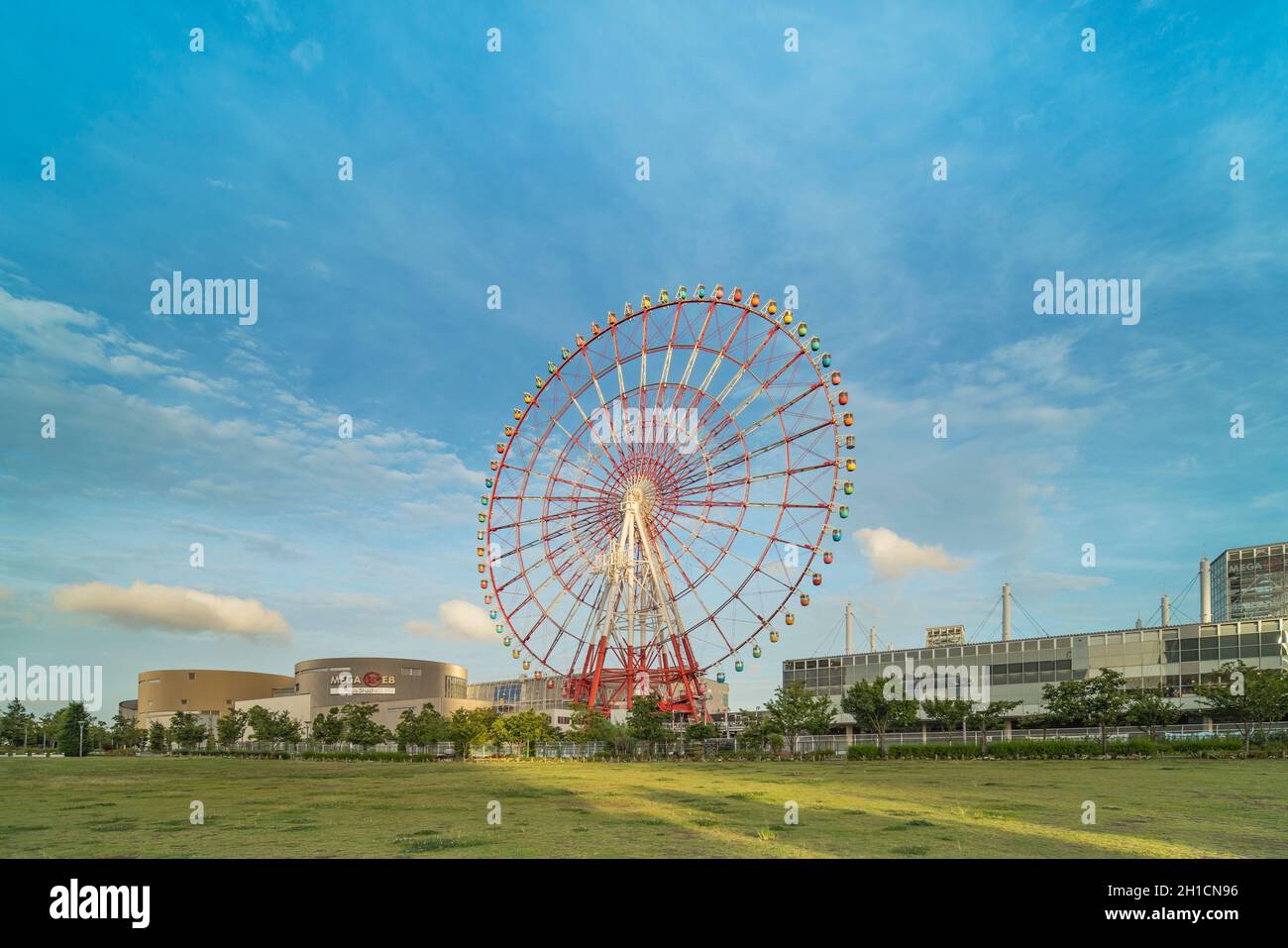 Odaiba colorata alta palette Town ruota panoramica chiamata Daikanransha visibile dall'area urbana centrale di Tokyo nel cielo blu estivo. I passeggeri possono Foto Stock