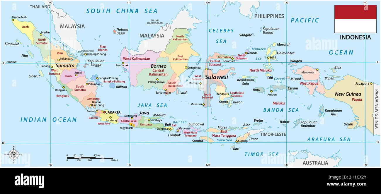 mappa vettoriale amministrativa indonesiana con bandiera Illustrazione Vettoriale