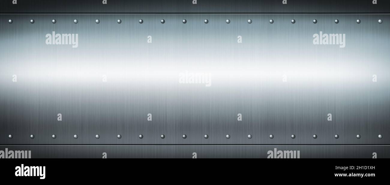 Struttura di fondo in lamiera spazzolata rivettata in acciaio. Sfondo banner in metallo blu. Foto Stock