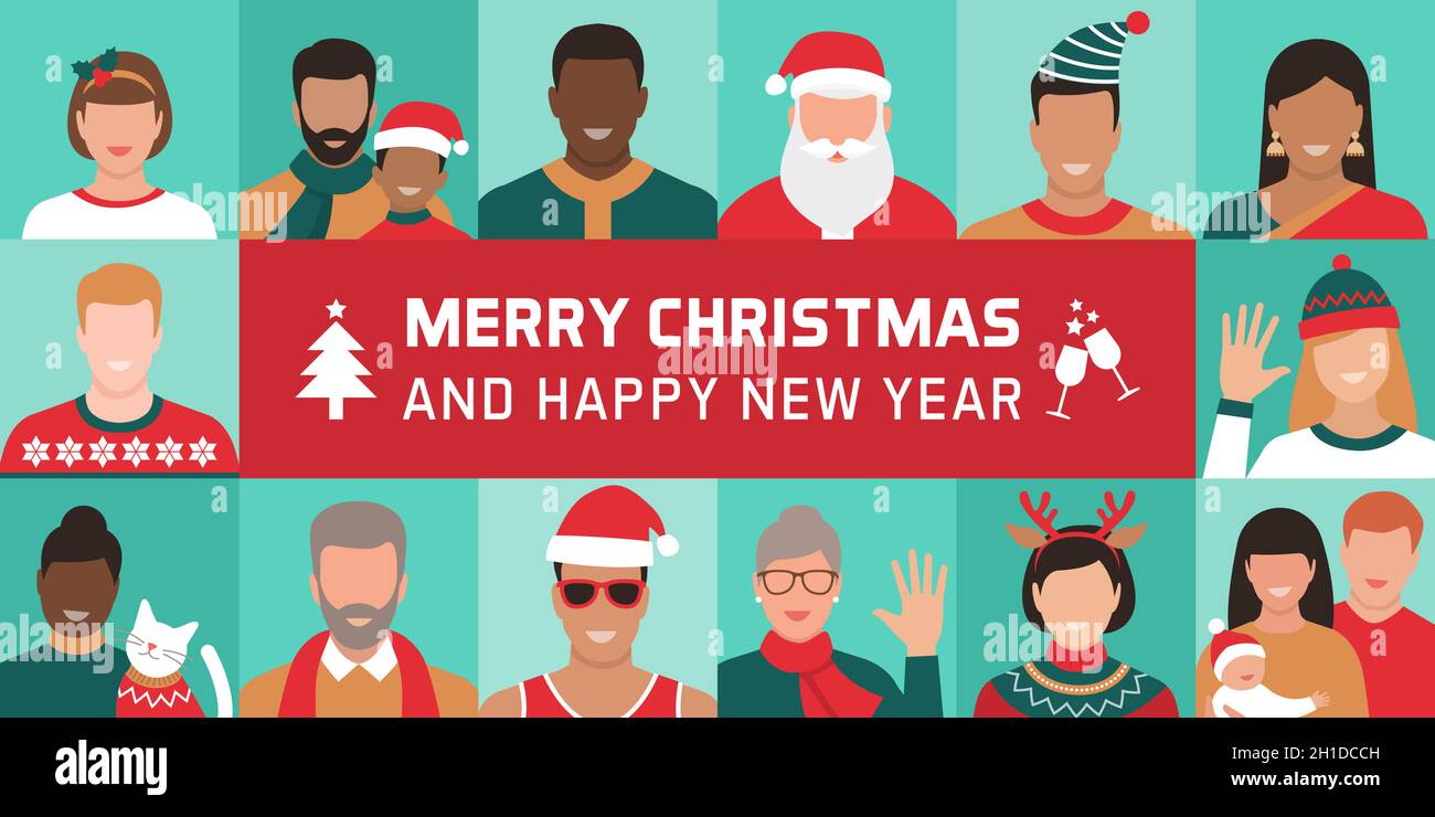 Gente felice da tutto il mondo che si connette insieme in linea, stanno celebrando il Natale e trasmettendo i desideri Illustrazione Vettoriale