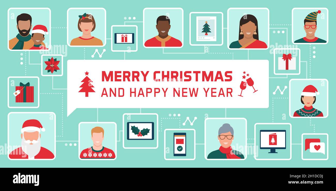 Persone provenienti da tutto il mondo che si connettono insieme online, stanno celebrando il Natale e l'invio di desideri, tecnologia e vacanza concetto Illustrazione Vettoriale