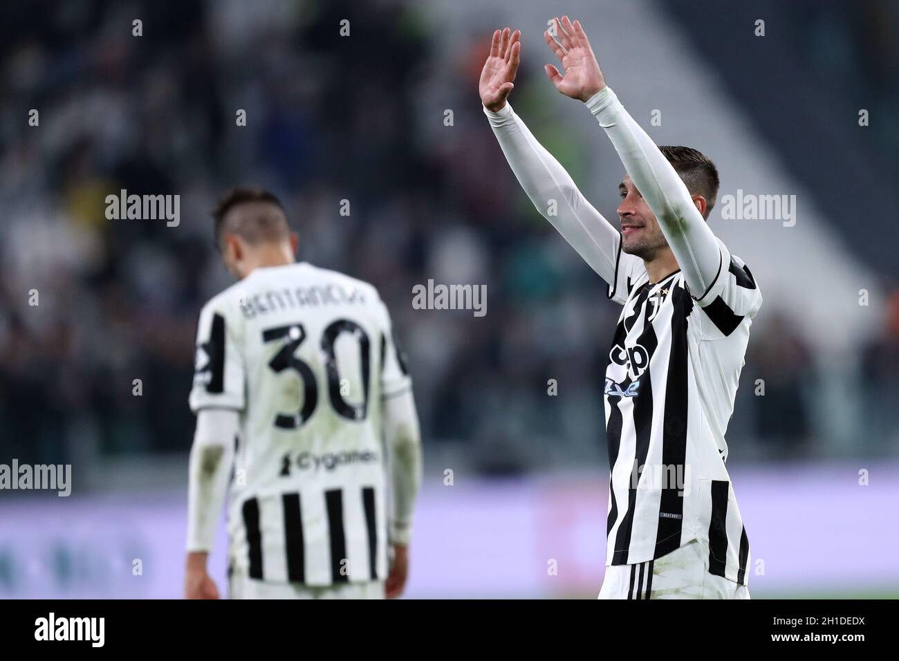 Mattia De Sciglio della Juventus FC festeggia dopo aver vinto la Serie Una partita tra Juventus FC e AS Roma Foto Stock