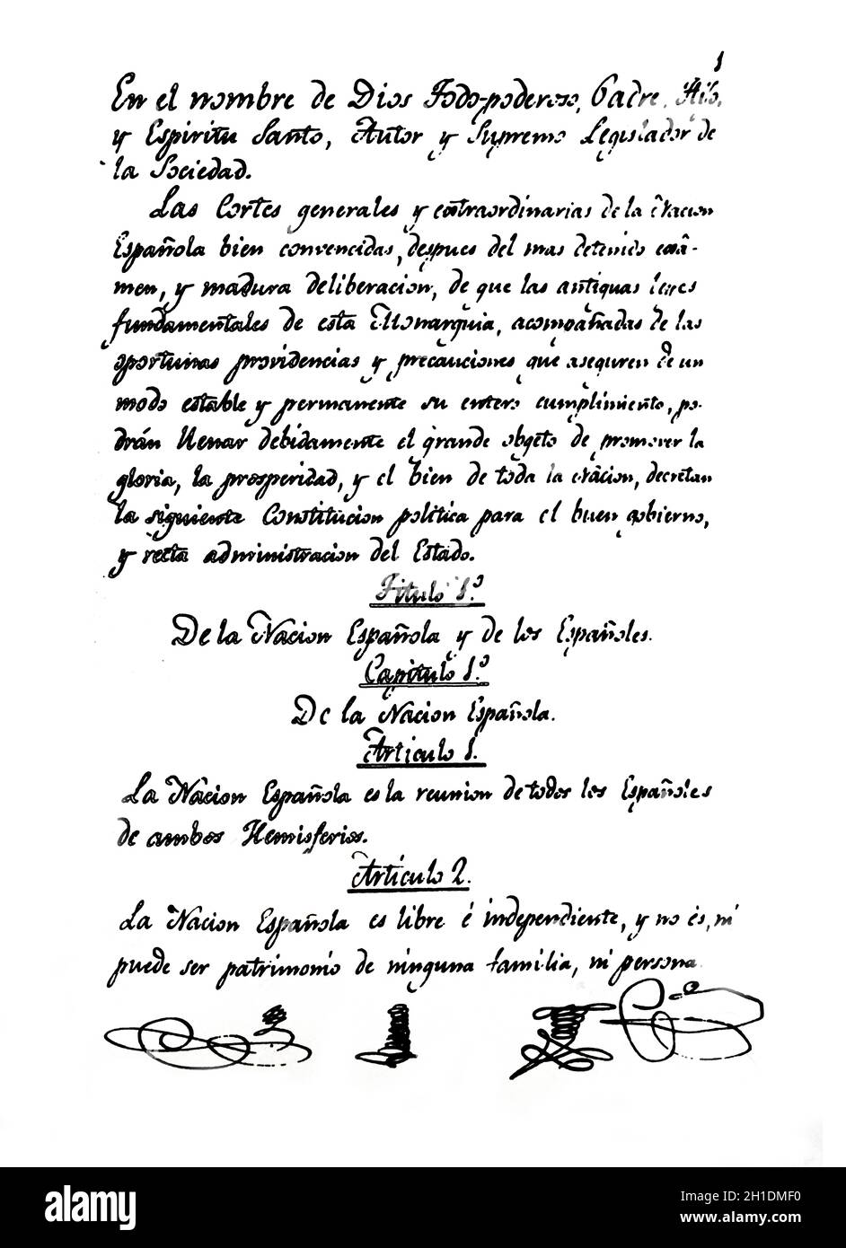 Prima pagina della Costituzione spagnola del 1812, chiamata anche la Pepa. Senato spagnolo Foto Stock
