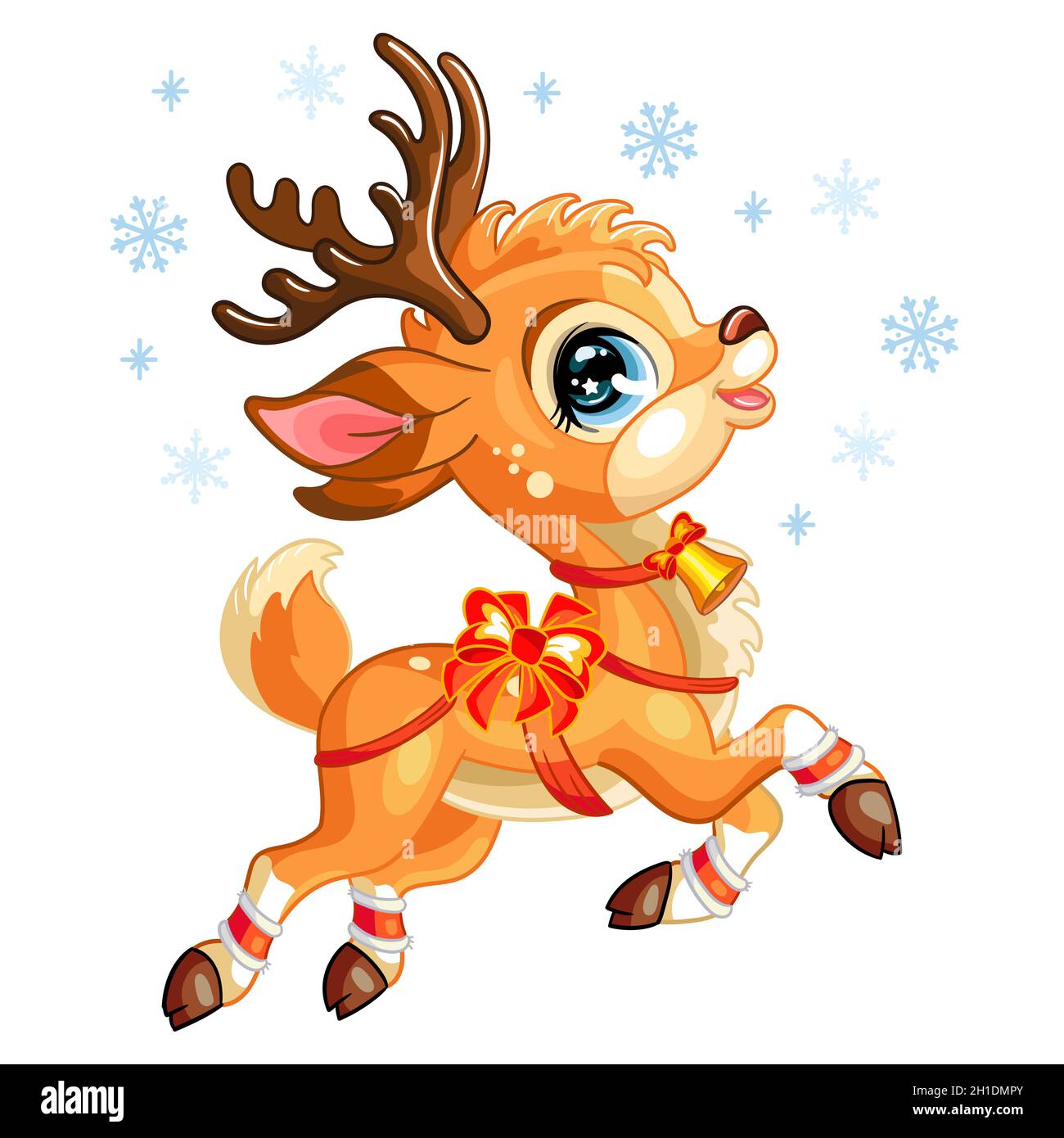 Carino cervo di salto di Natale con fiocchi di neve. Personaggio cartoon agnello. Illustrazione isolata dal vettore. Animale divertente di Natale. Per biglietti d'auguri, poster Illustrazione Vettoriale