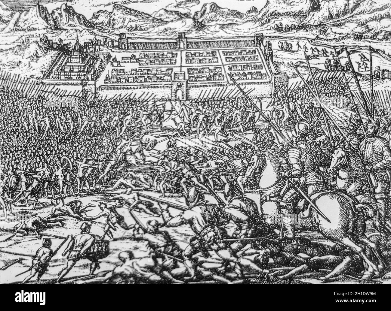 Battaglia di Cusco, 1533. Combatté tra le forze dei conquistadores spagnoli e degli Inca. Inciso da Theodore de Bry ad Americae pars sexta, Sive Histor Foto Stock