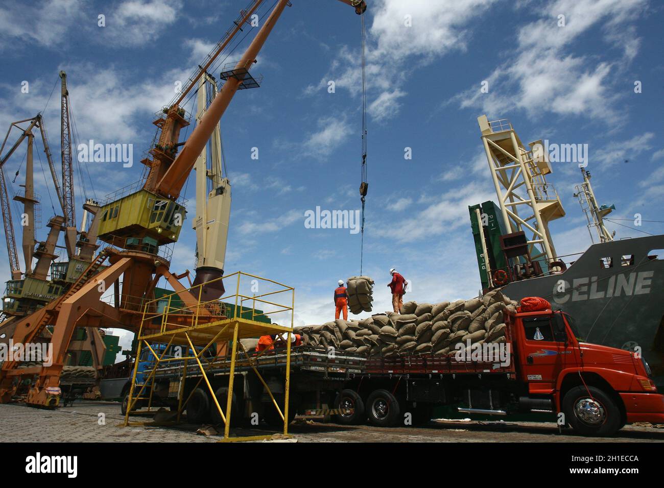 ilheus, bahia / brasile - 26 marzo 2012: I lavoratori sono visti sbarcare i fagioli di cacao al porto di Ilheus, esportati dalla Costa d'Avorio. *** Cap. Locale Foto Stock