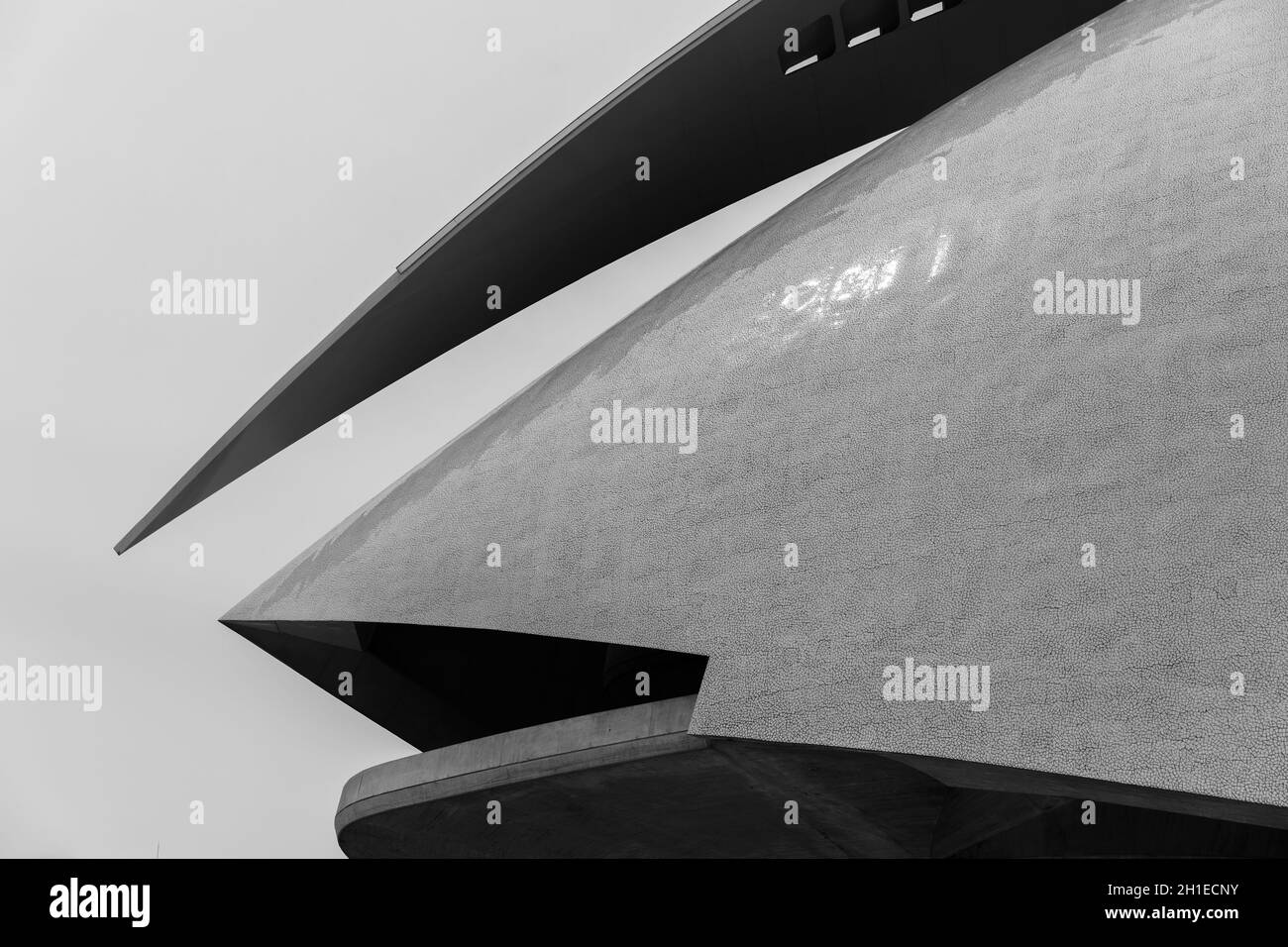 Valencia, Spagna - 04, 05, 2018: Vista laterale dettagliata dell'architettura del Palacu de les Arts Reina Sofía che ricorda la testa di un pesce. Design Foto Stock