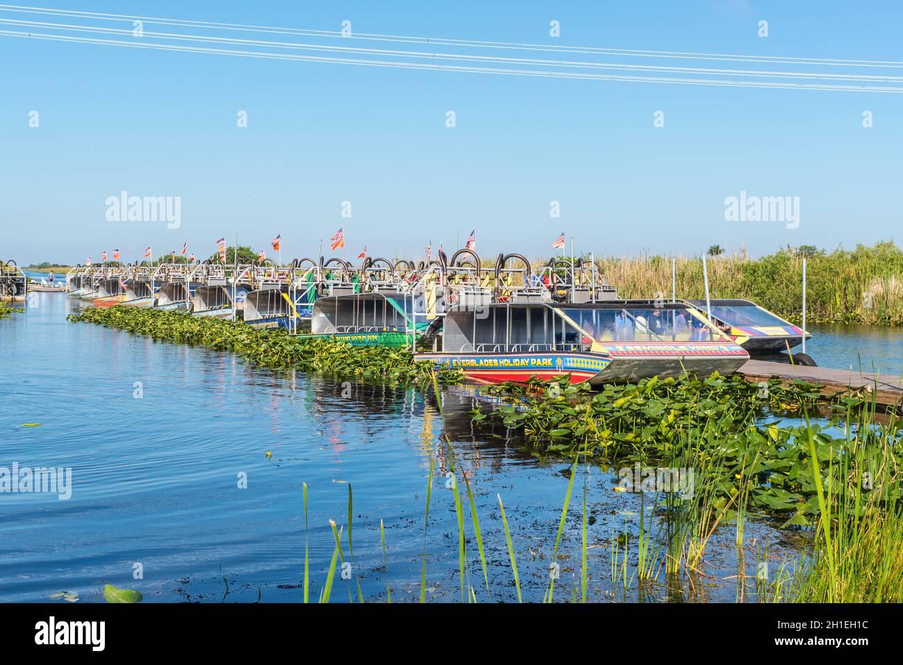Everglades, Stati Uniti d'America - 27 aprile 2019: Airboats turistici ormeggiati in file slanciate in attesa di turisti nel Parco Nazionale di Everglades, Florida. Foto Stock
