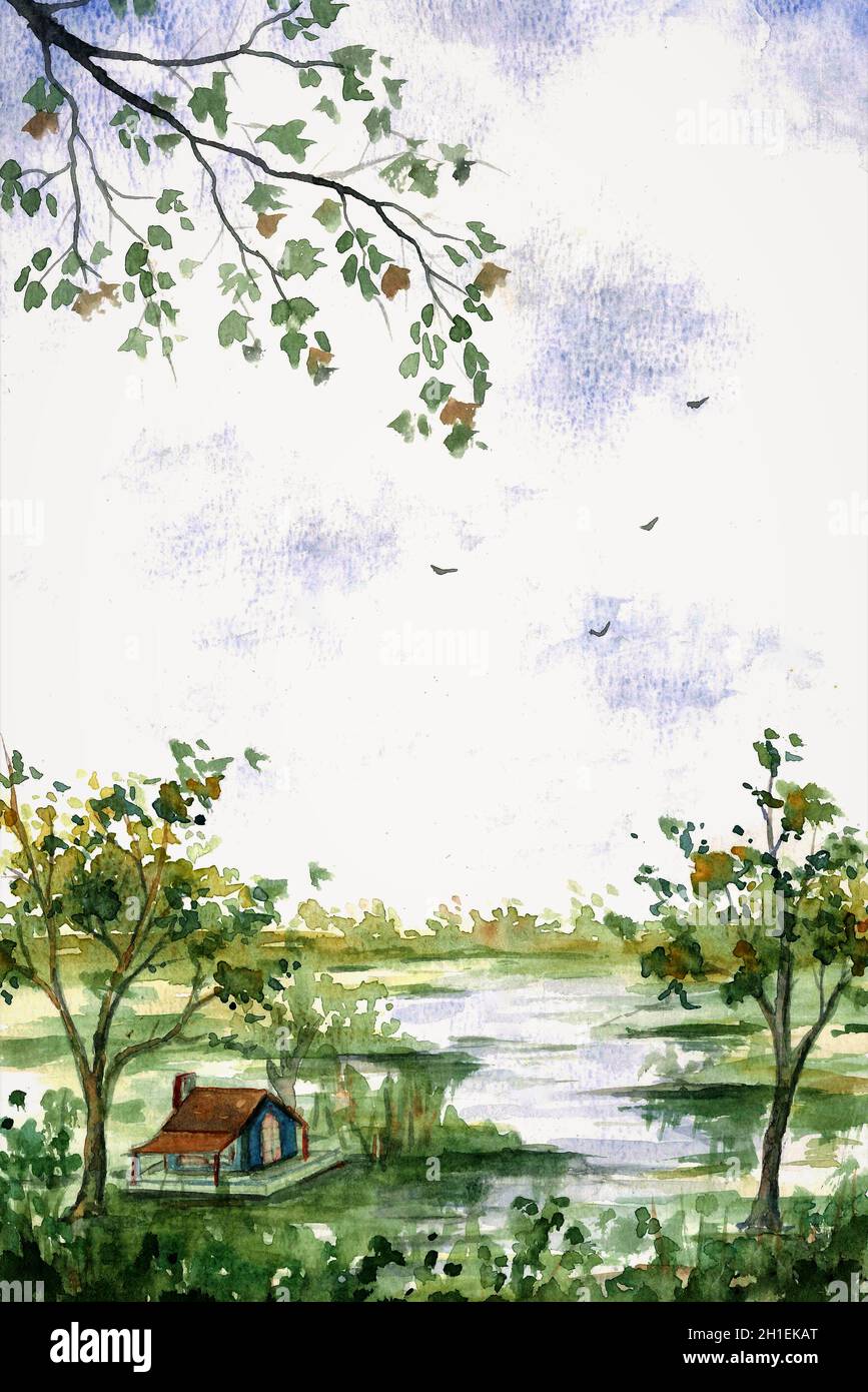 Pittura ad acquerello. Paesaggio rurale. Un cottage sulla riva di un lago in campagna. Foto Stock