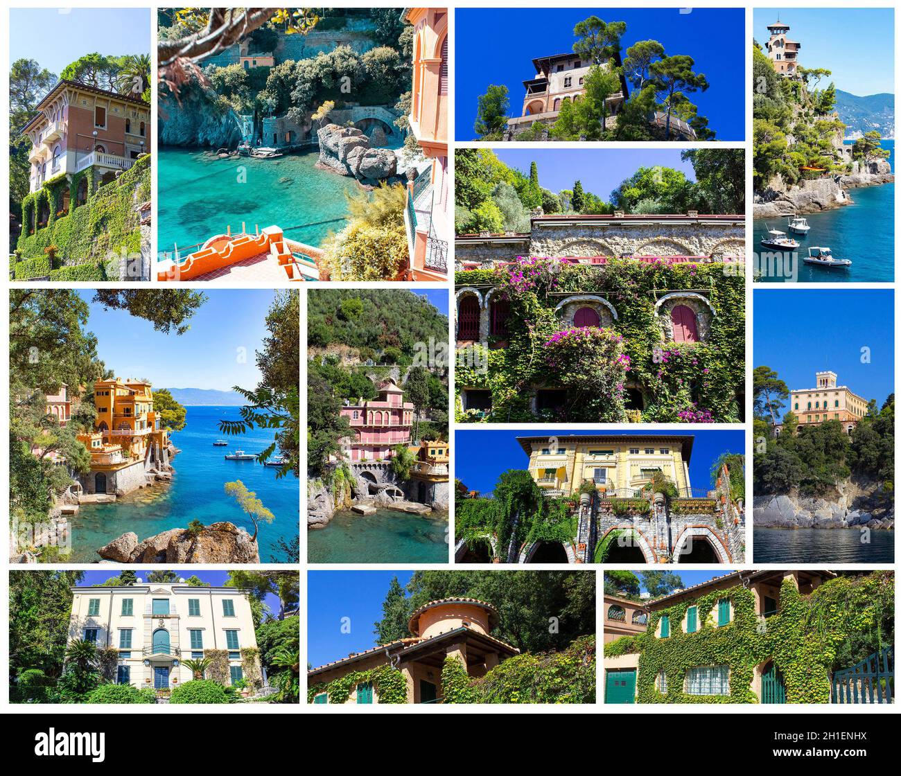 Collage sulla bella baia con ville colorate a Portofino in Italia Foto Stock