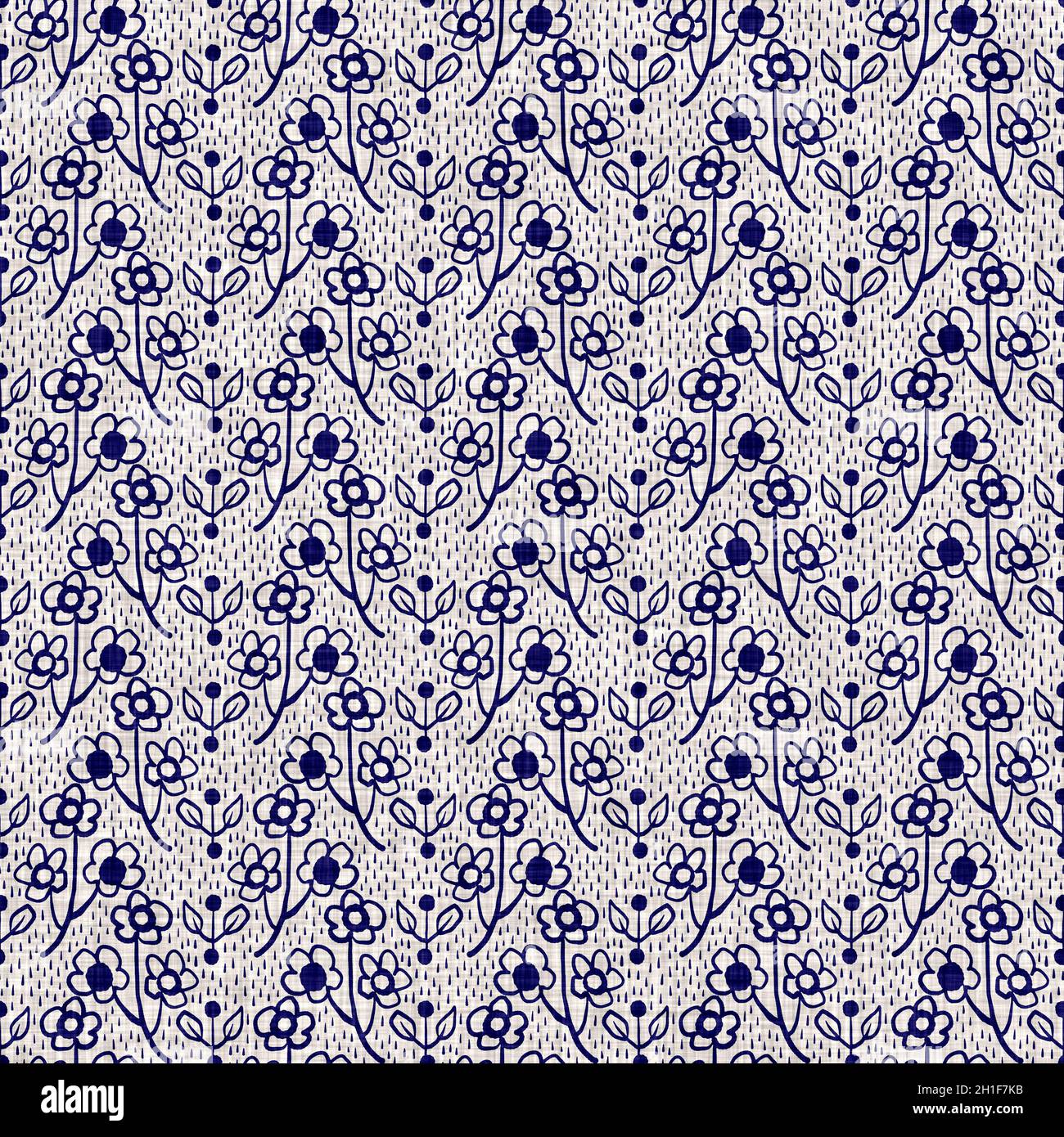 Indigo blu fiore blocco stampa tinta tessuto di lino sfondo. Campione giapponese di ripetizione batik tessuto senza cuciture. Sfocatura floreale organica afflosciata Foto Stock