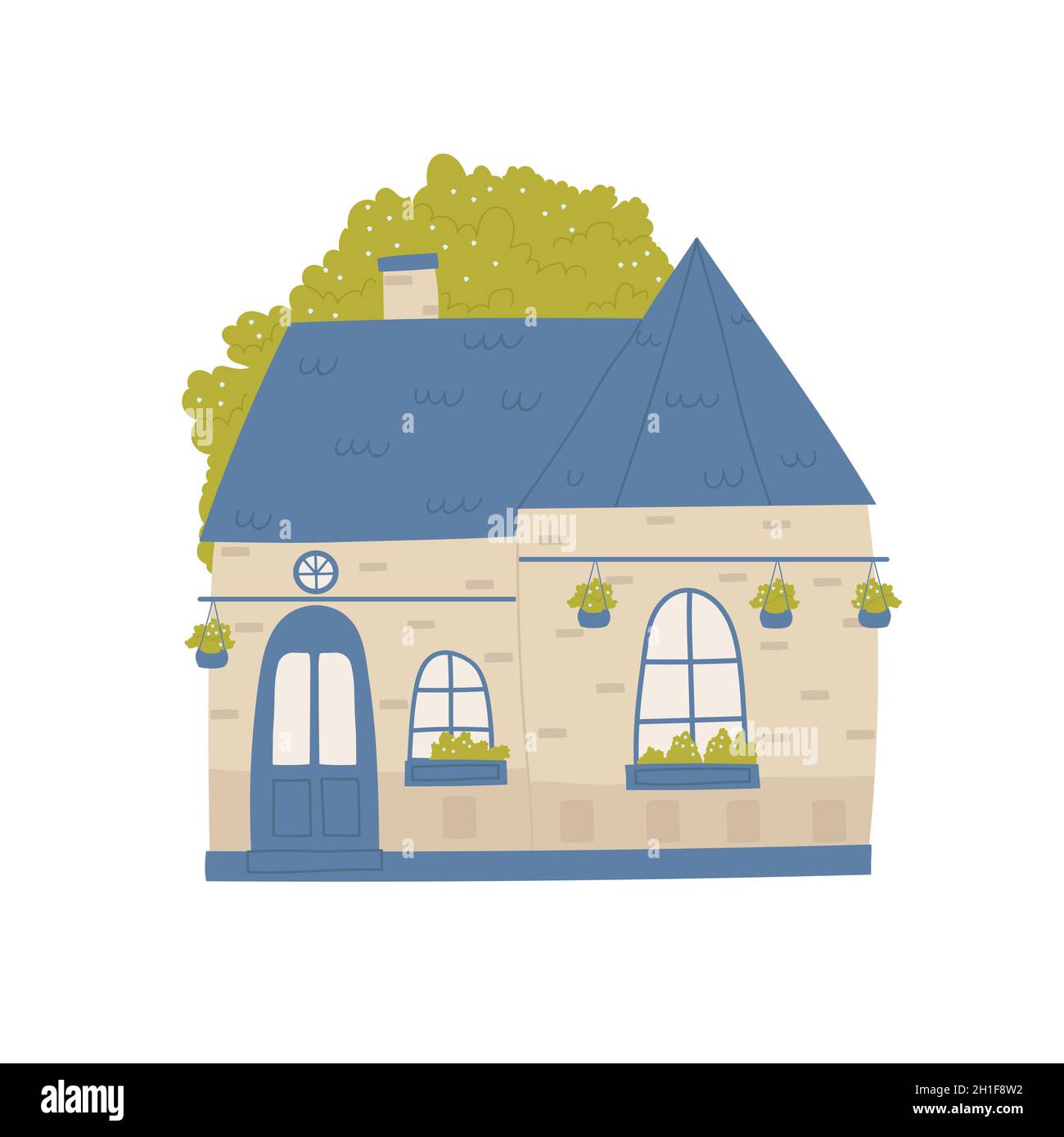Casa carina, casa in villaggio o città vettore illustrazione. Cartoon facciata estiva del cottage edificio casa con tetto blu e porta, finestre con piante d'casa isolate su bianco Illustrazione Vettoriale