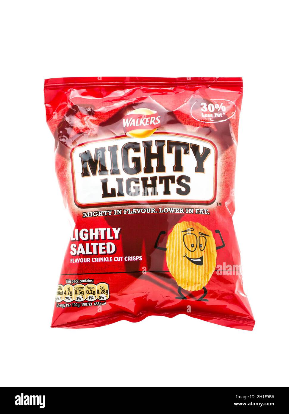 SWINDON, Regno Unito - 19 MAGGIO 2014: Sacchetto dei camminatori Mighty Lights Crisps grassi bassi su uno sfondo bianco Foto Stock