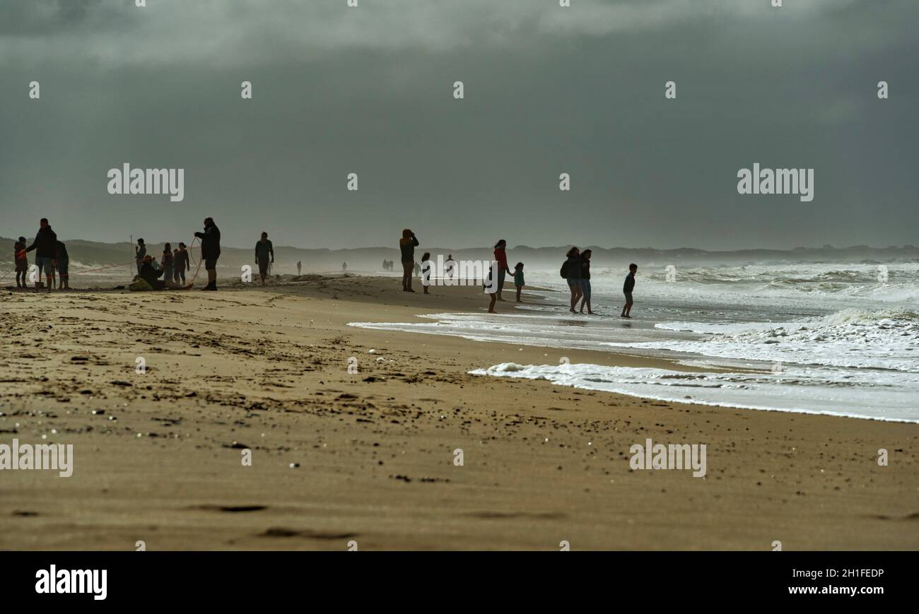 I turisti e la gente del posto passeggiano lungo la spiaggia di Nymindegab. Jutland sud-occidentale, Danimarca, Europa Foto Stock