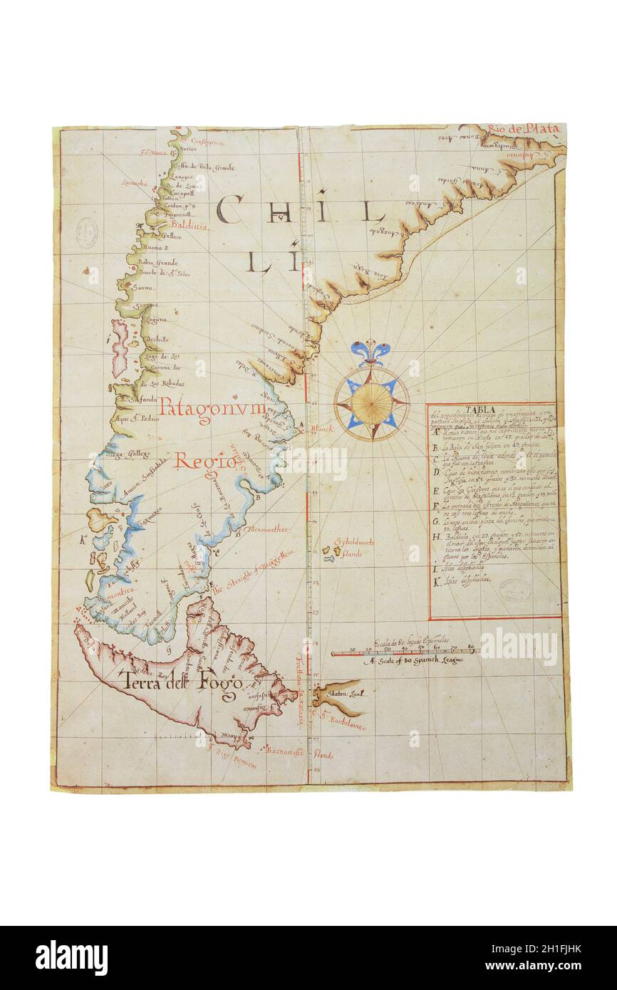 Mappa dello stretto di Magellano, 1671. Punta meridionale del Sud America, scoperta nel 1530 da Ferdinand Magellan. Archivio Generale delle Indie, Siviglia Foto Stock