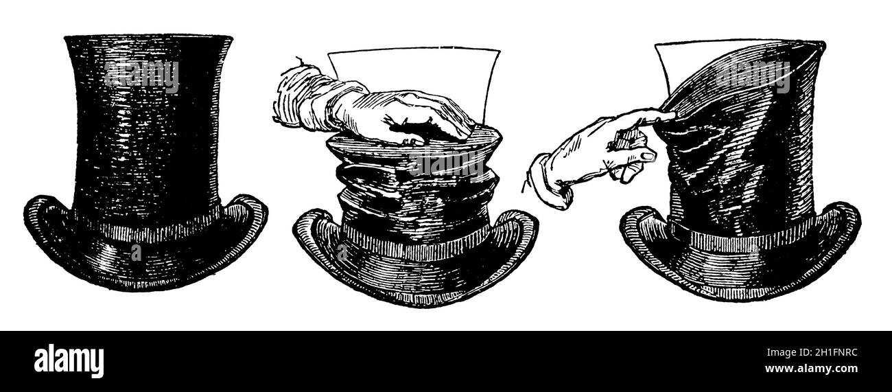 Istruzioni per l'uso del cappello gibus (claque chapeau). Illustrazione del 19 ° secolo. Sfondo bianco. Foto Stock