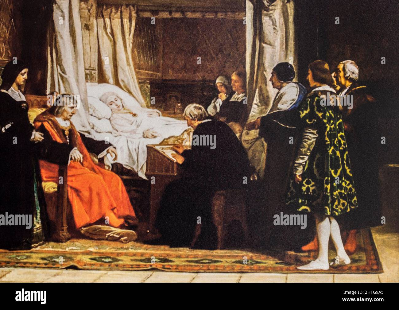 La regina Isabella la cattolica dettando la sua volontà, dettaglio. Eduardo Rosales, 1864. Museo del Prado, Spagna. Centro visitatori Exploradores, Trujillo, Spagna Foto Stock