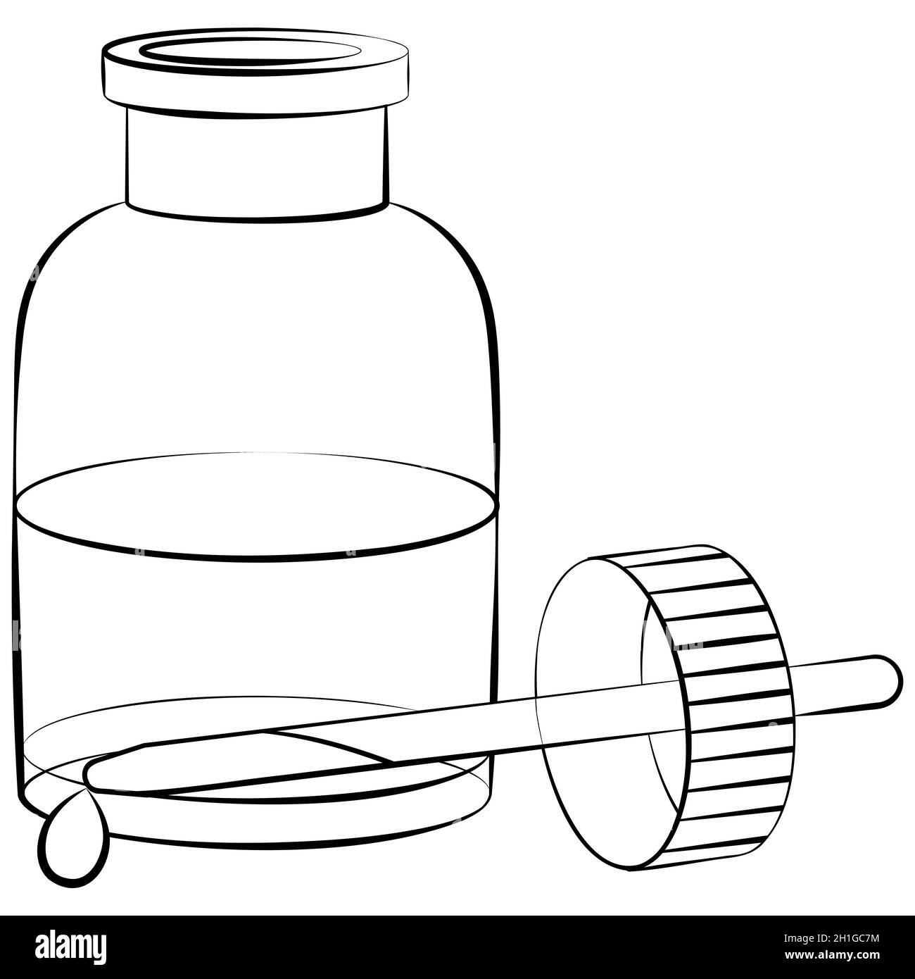 Illustrazione lineare monocromatica del vettore olio essenziale. Essenza di erbe per aromaterapia. Ingrediente vegetale organico. Icona liquido in flacone piccolo. Illustrazione Vettoriale