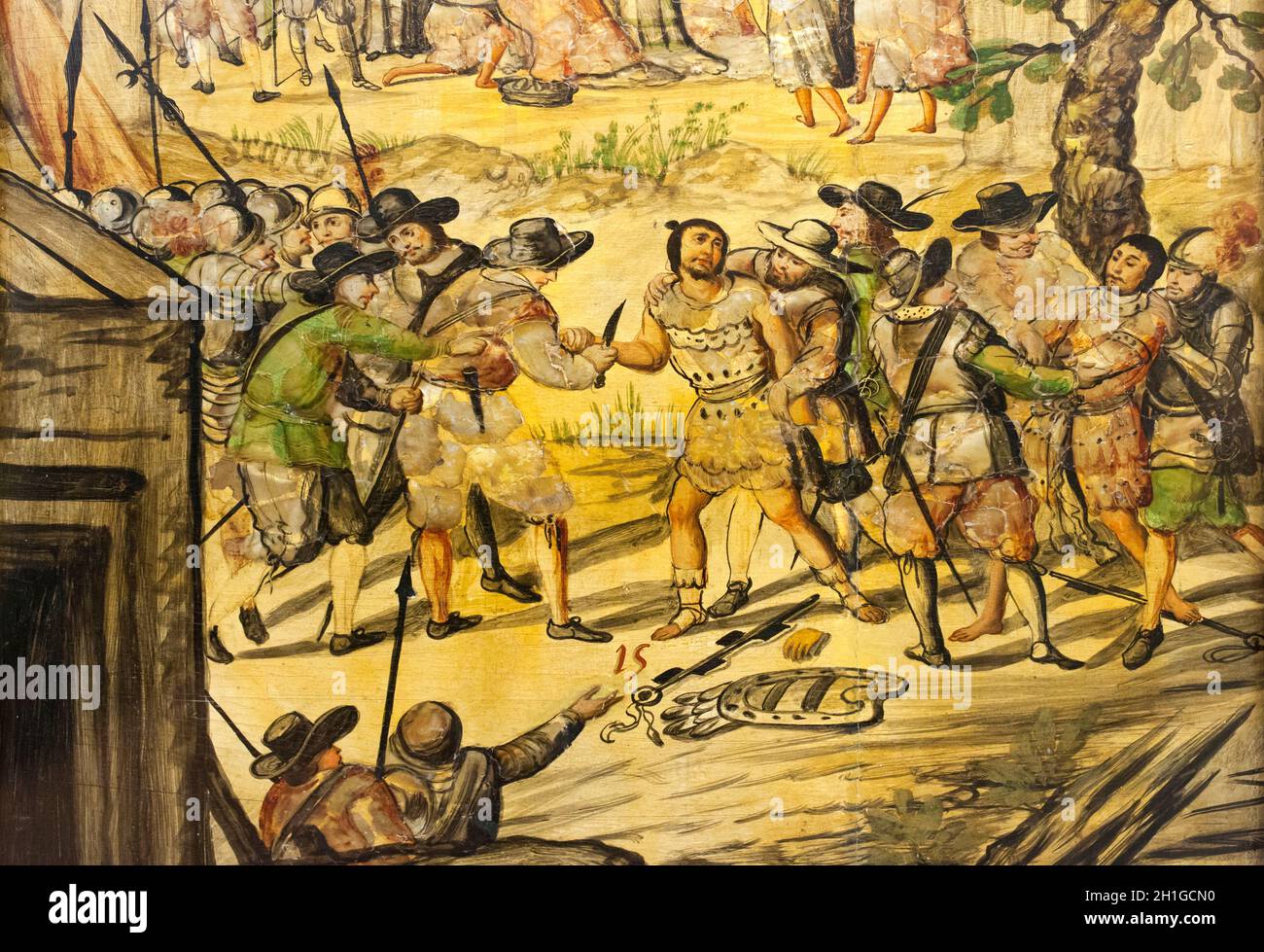 Cortes punisce alle spie Xicotenga nel cammino verso Cholula. Set di dipinti di Los enconchados sulla conquista dell'Impero azteco. Museo delle Americhe, Madrid Foto Stock