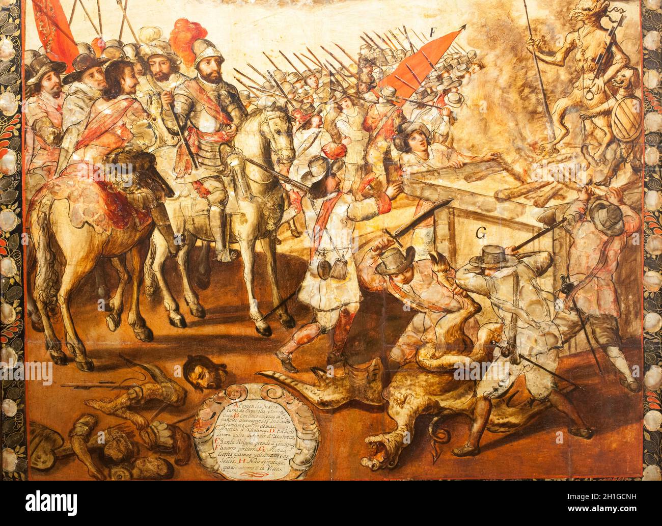 Hernan Cortes distrugge gli idoli di Tenochtitlan. Dettaglio. Set di dipinti di Los enconchados sulla conquista dell'Impero azteco. Museo delle Americhe, Madrid Foto Stock