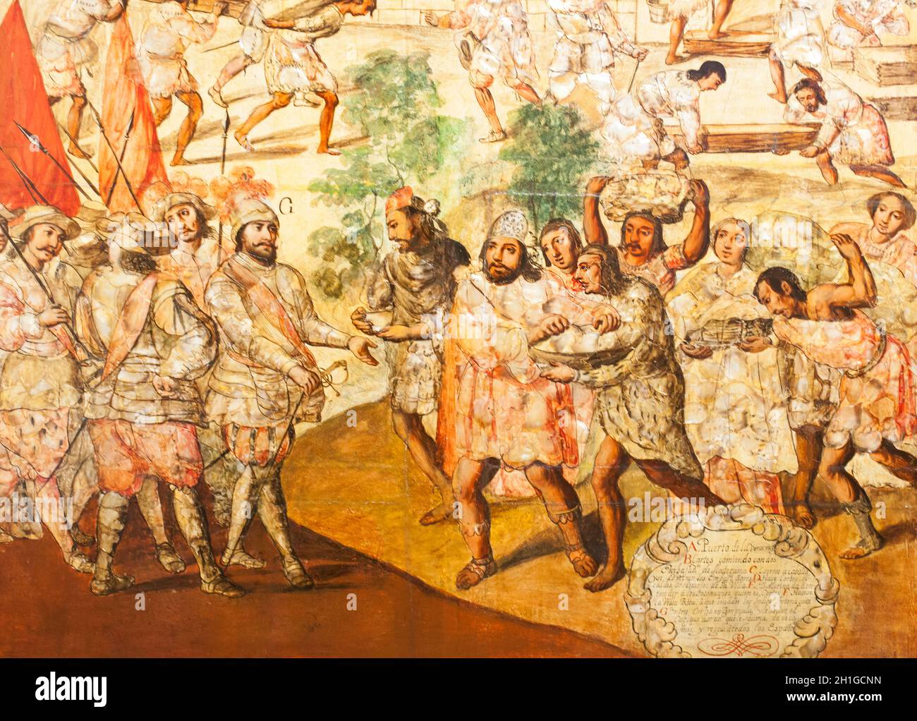 Hernan Cortes a Zempuala accolto dalla Cacique Gordo. Dettaglio. Set di dipinti di Los enconchados sulla conquista dell'Impero azteco. Museo delle Americhe, Mad Foto Stock