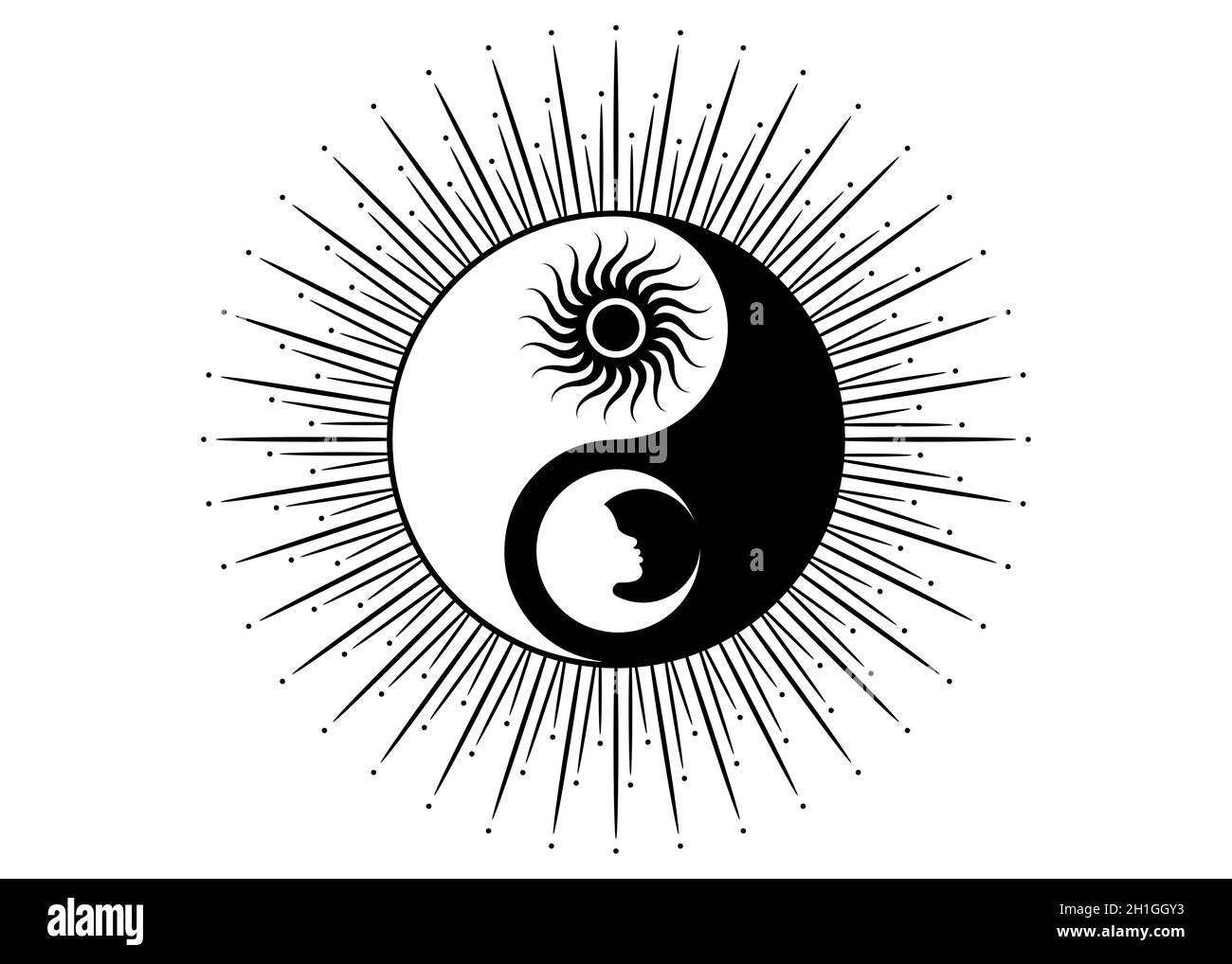 Disegno mistico Sole e Luna stigliati disegno sacro logo, giorno e notte. Simbolo Zen. Ying yang segno di armonia ed equilibrio. SEGNO vettoriale monocromatico Illustrazione Vettoriale