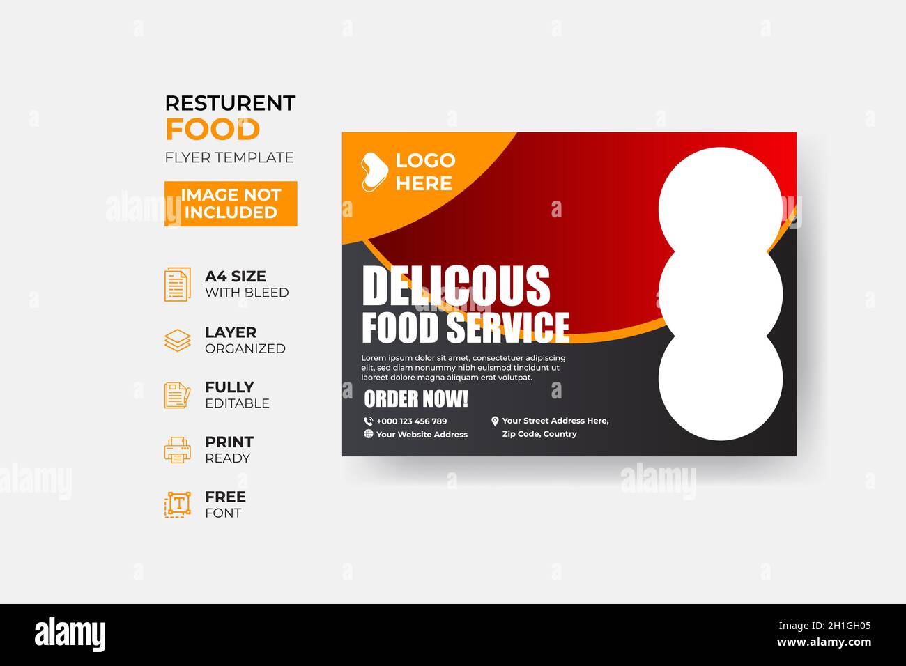 Fast Food Flyer Design modello di cottura, caffè, e menu ristorante, ordine di cibo, spazzatura cibo. Pizza, hamburger, patatine fritte e soda. Illustrazione Vettoriale