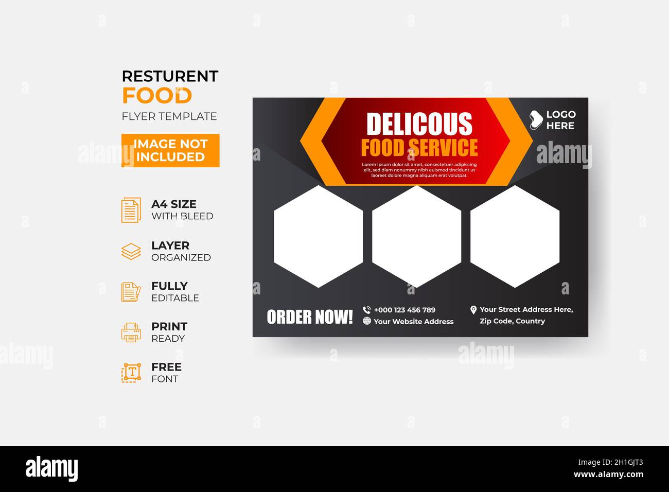 Fast Food Flyer Design modello di cottura, caffè, e menu ristorante, ordine di cibo, spazzatura cibo. Pizza, hamburger, patatine fritte e soda. Illustrazione Vettoriale