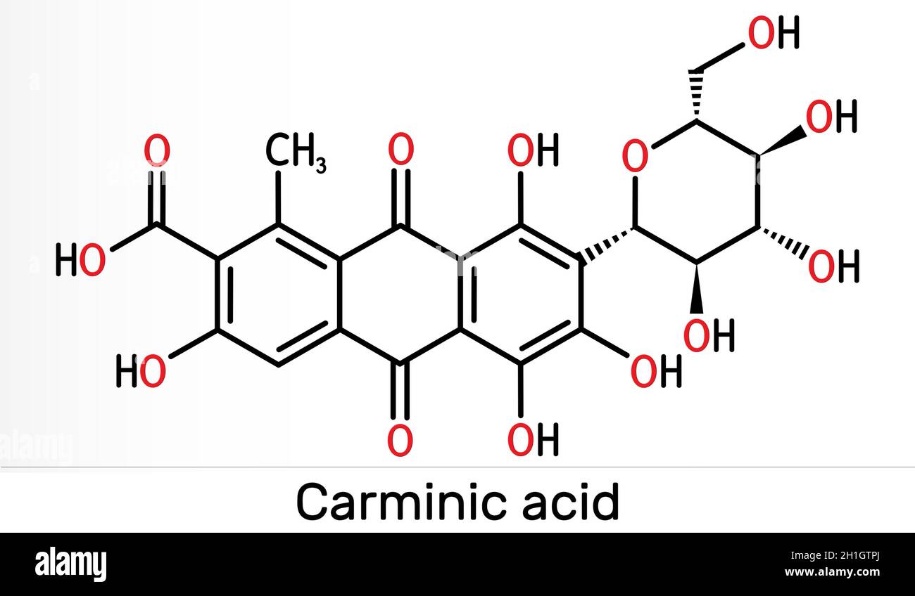Molecola di acido carminico. E 'сoloring la materia, glucosidal rosso idrossiantrapurina. È usato in alimenti, prodotti farmaceutici. Formula chimica scheletrica. Male Foto Stock