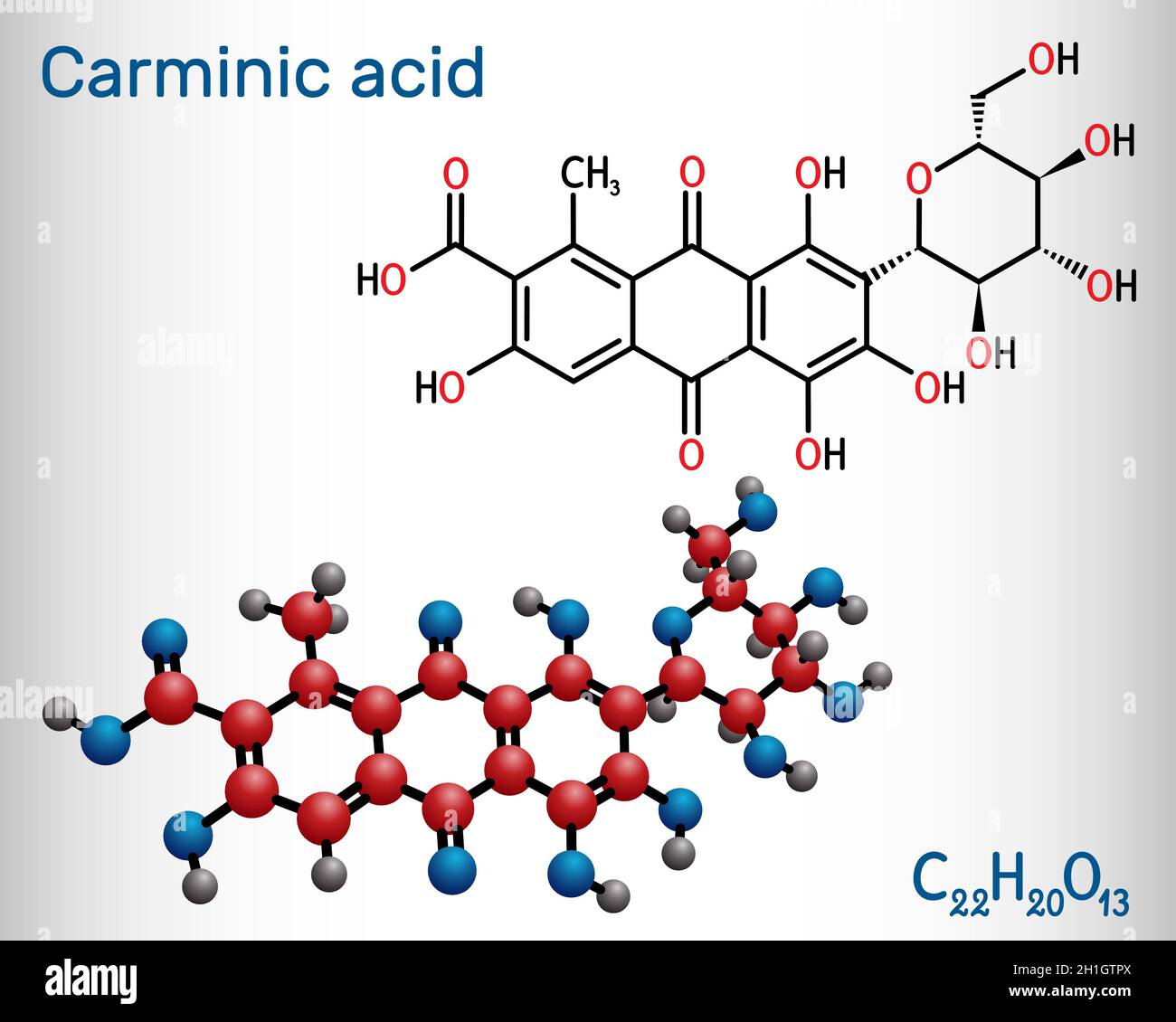 Molecola di acido carminico. E 'la materia ?oloring, glucosidal rosso idrossiantrapurina. È usato in alimenti, prodotti farmaceutici. Formula chimica strutturale AN Illustrazione Vettoriale