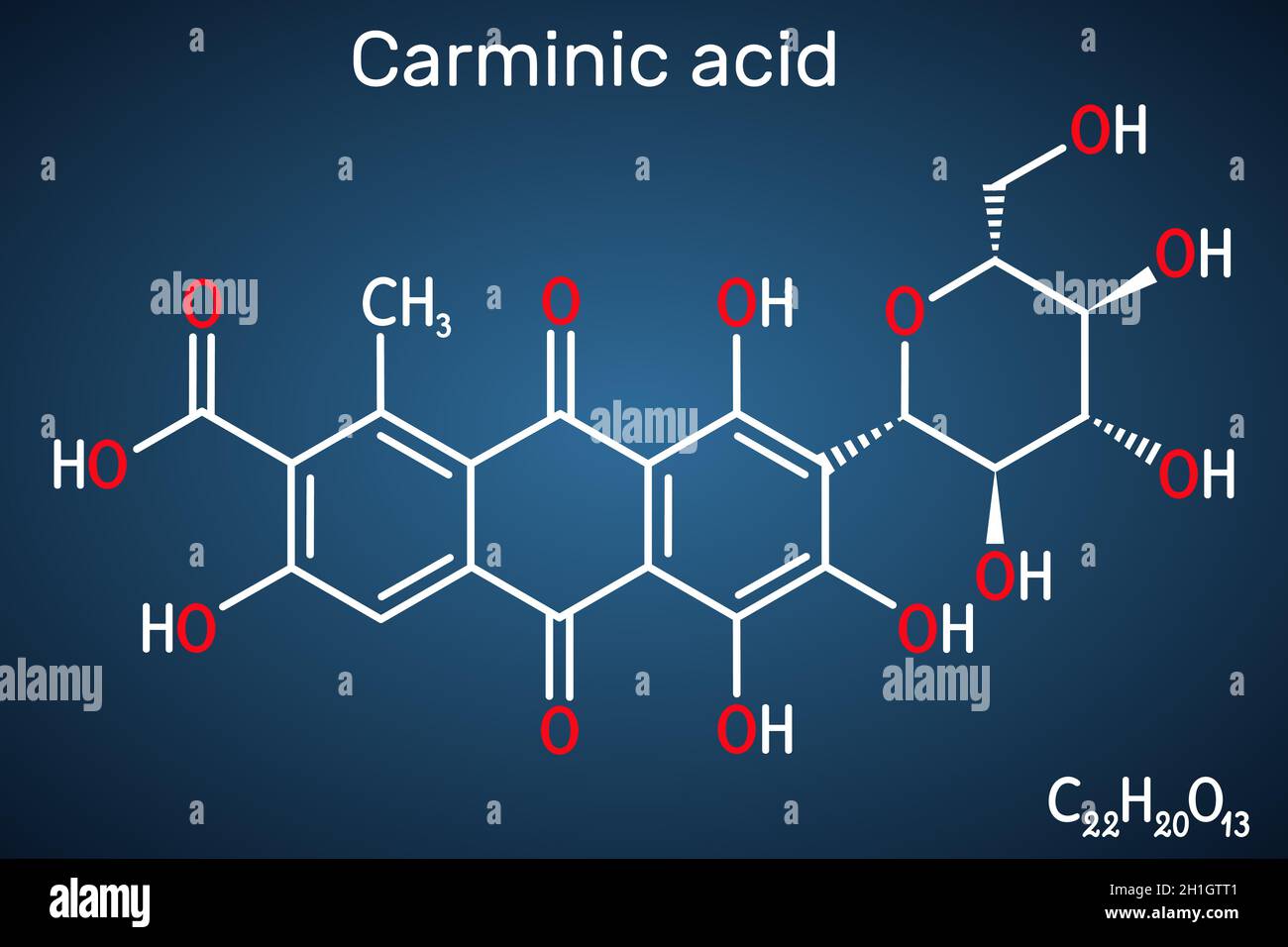 Molecola di acido carminico. E 'сoloring la materia, glucosidal rosso idrossiantrapurina. È usato in alimenti, prodotti farmaceutici. Formula chimica strutturale ON Illustrazione Vettoriale
