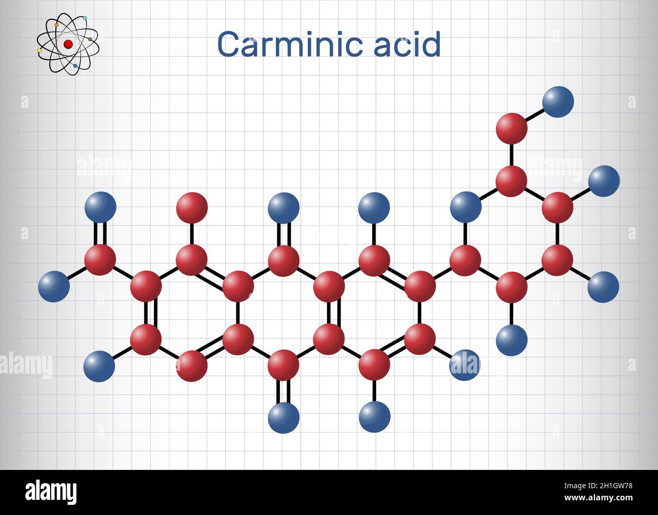 Molecola di acido carminico. E 'сoloring la materia, glucosidal rosso idrossiantrapurina. È usato in alimenti, prodotti farmaceutici. Foglio di carta in gabbia. Vet Illustrazione Vettoriale