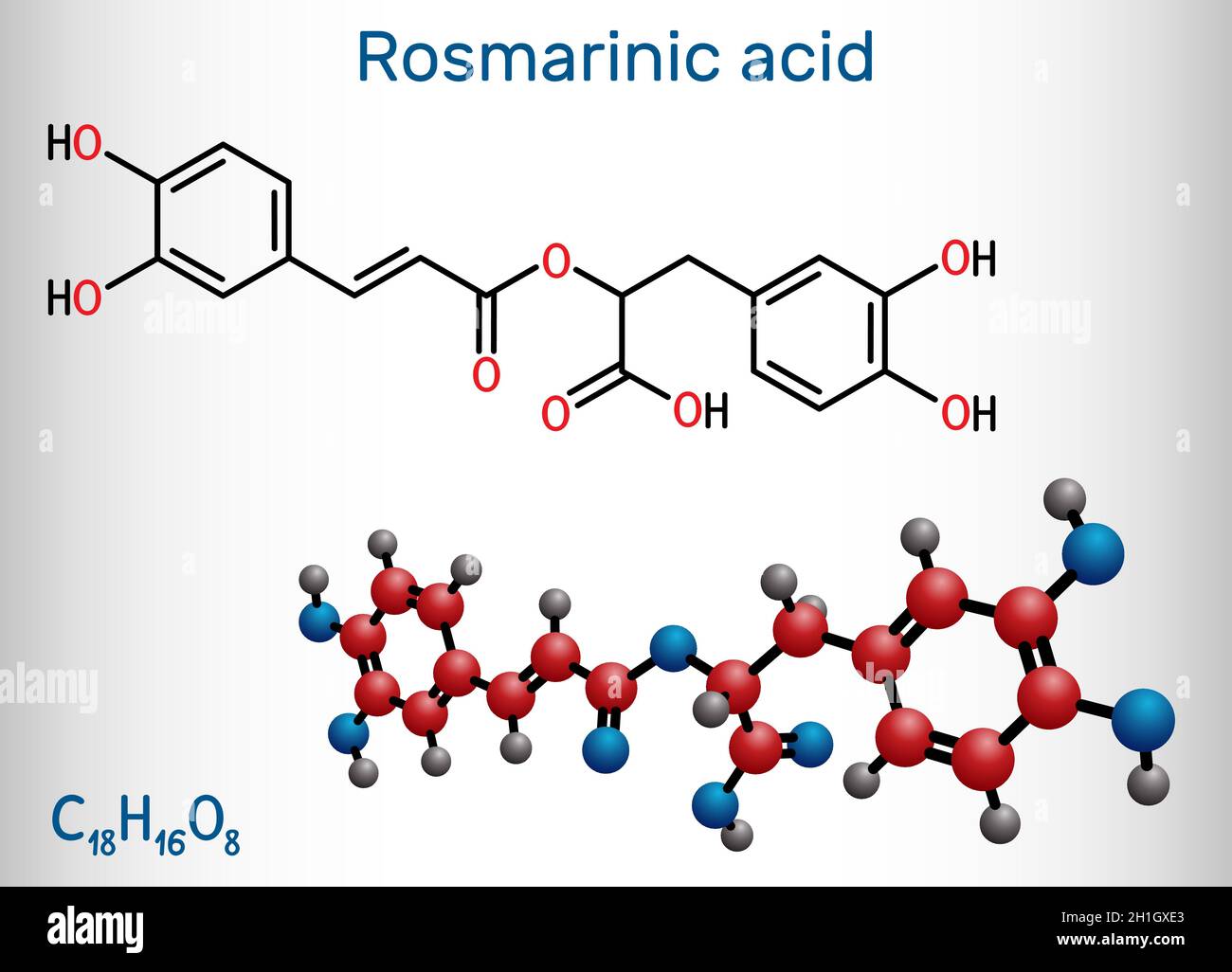 Acido rosmarino, molecola. È polifenolo, fenilpropanoide, acido monocarbossilico, farmaco antinfiammatorio non steroideo, antiossidante, serina proteinas Illustrazione Vettoriale