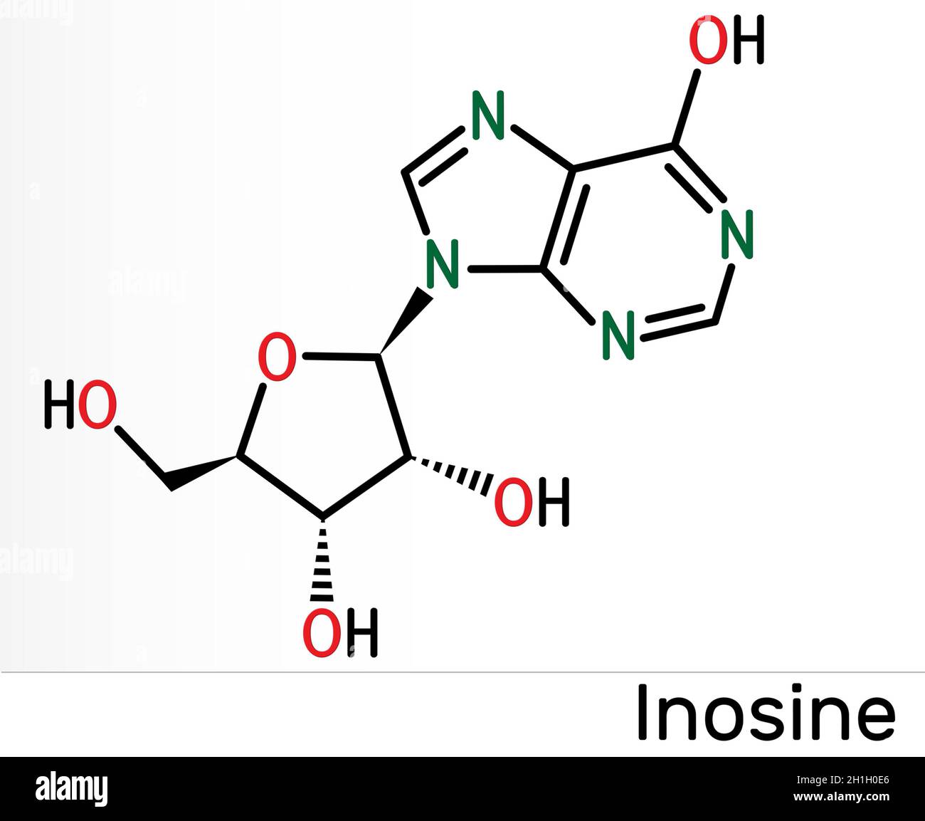 Molecola di inosina. È nucleoside purina, si verifica comunemente nel tRNA. È costituito da ipoxantina collegata al legame glicosidico ribofuranoso. Chemi scheletrici Foto Stock