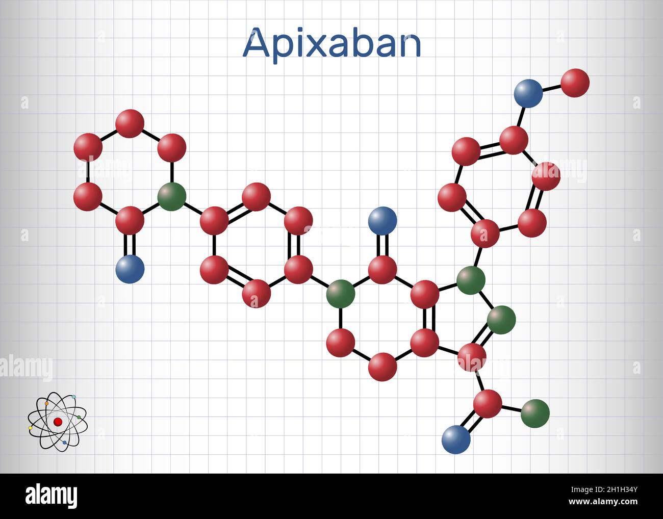 Molecola di Apixaban. È la pirazolopiridina, l'anticoagulante e l'inibitore diretto del fattore Xa che è usato per ridurre il rischio di trombosi venose. SH Illustrazione Vettoriale
