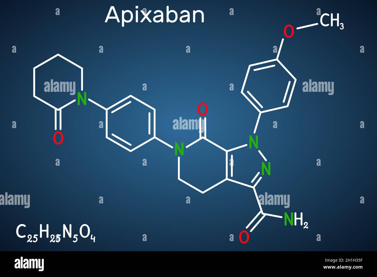 Molecola di Apixaban. È la pirazolopiridina, l'anticoagulante e l'inibitore diretto del fattore Xa che è usato per ridurre il rischio di trombosi venose. Da Illustrazione Vettoriale
