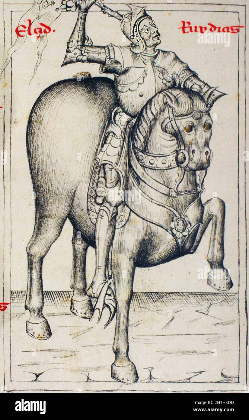 Rodrigo Diaz de Vivar, El Cid alla Genealogia dei Re di Spagna di Alonso de Cartagena, 1456. Biblioteca reale del palazzo, Madrid. Folio 175r Foto Stock