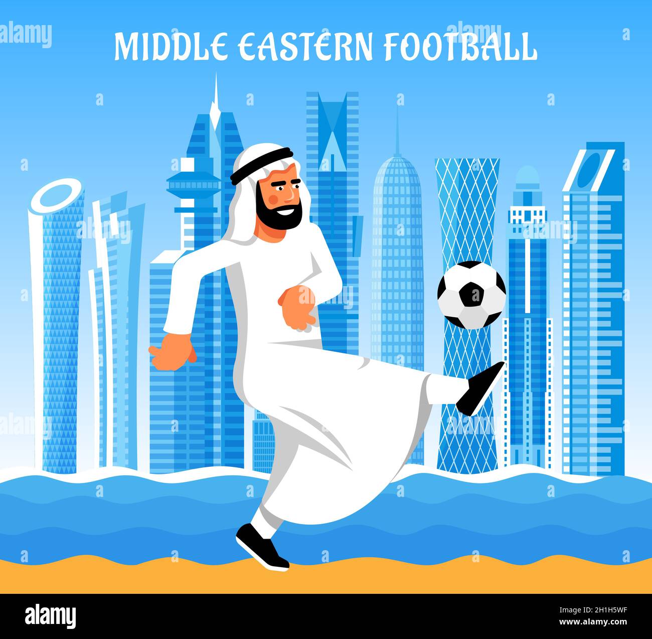 Felice uomo arabo musulmano giocare a calcio Illustrazione Vettoriale