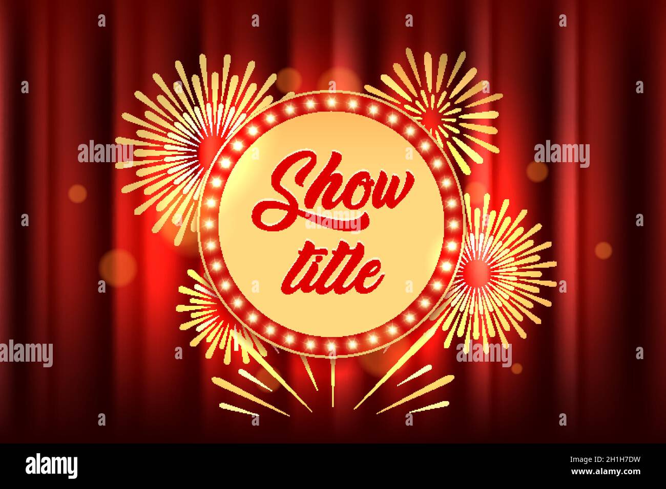 Banner luminoso con cornice a bulbo su tenda rossa. Illusione vettoriale. Illustrazione Vettoriale