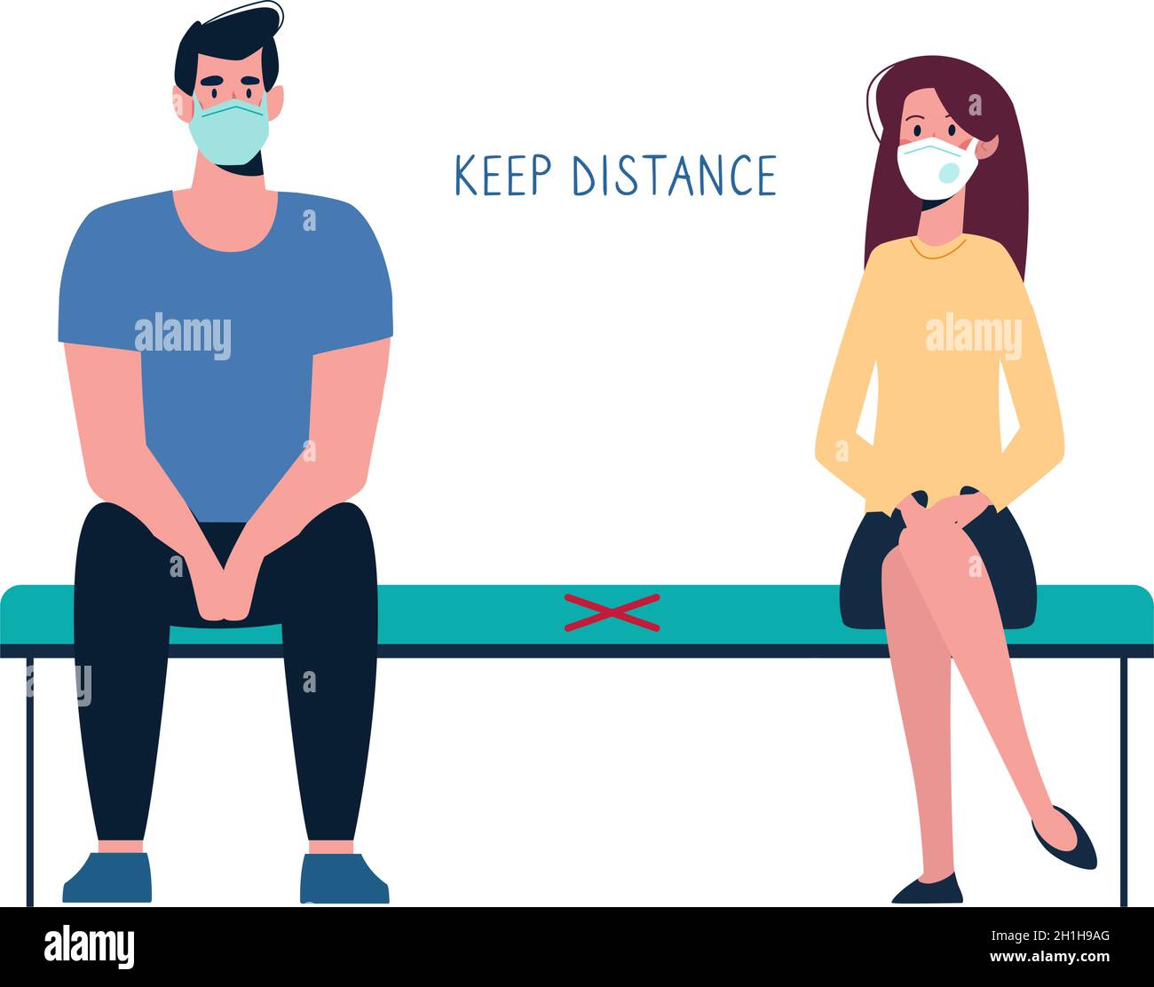 Distanza in linea per vedere un medico. Le persone in maschere mediche mantengono la loro distanza sul banco. Una distanza socialmente sicura tra le persone per non diffondere il coronavirus COVID-19. Vettore, piatto. Illustrazione Vettoriale
