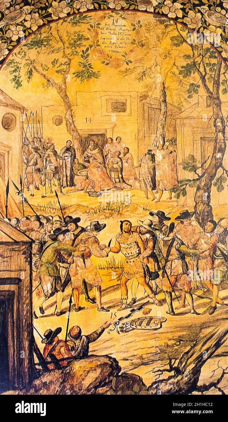 Verniciatura dei pannelli 7. Scena 14: Fratello Bartolome de Olmedo battezza cinque donne indiane. Scena 15: Due spie indiane di Xicotencatl II sono tagliate. Conquista Foto Stock