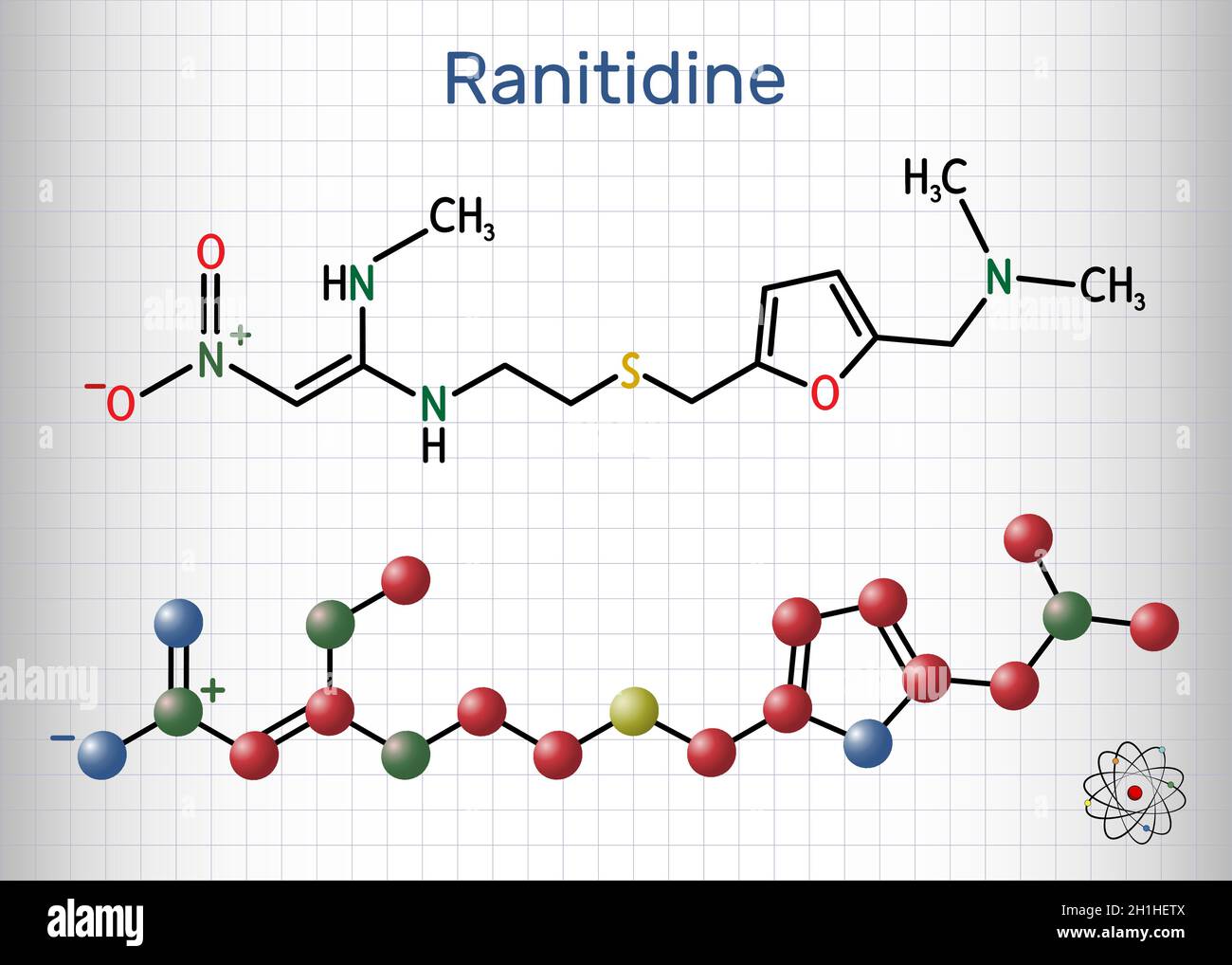 Molecola di ranitidina. Viene utilizzato per il trattamento dell'ulcera peptica. Formula chimica strutturale e modello molecolare. Foglio di carta in gabbia. Vet Illustrazione Vettoriale