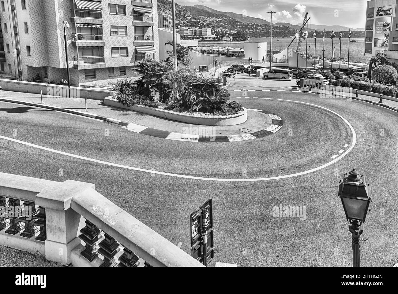 MONTE CARLO, MONACO - AGOSTO 13: Il Fairmont Hairpin o Loews Curve, una delle sezioni più famose del circuito del Gran Premio di Monaco, situato a Mon Foto Stock