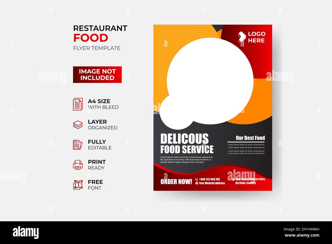 Fast Food Flyer Design modello di cottura, caffè, e menu ristorante, ordine di cibo, spazzatura cibo. Pizza, hamburger, patatine fritte e soda. Illustrazione Vettoriale