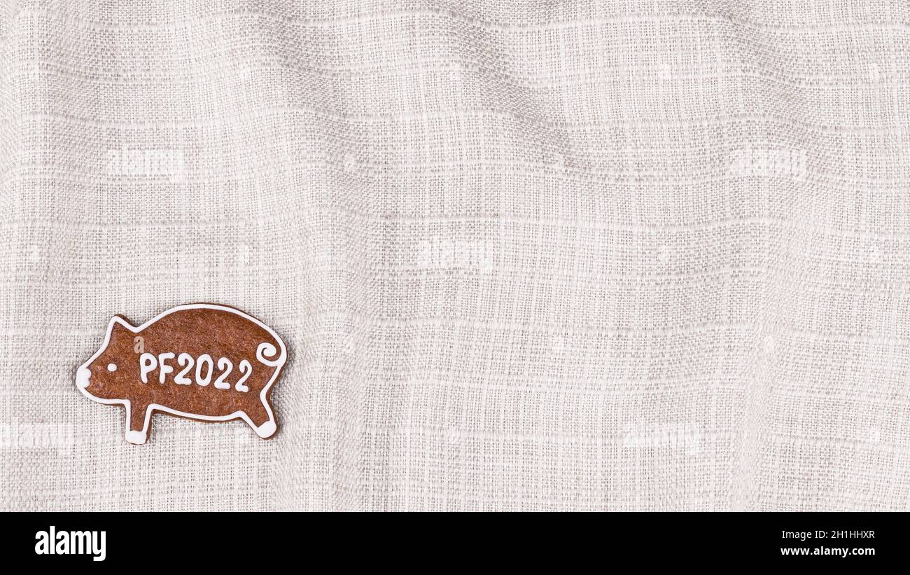 Piggy di pan di zenzero dolce per l'anno nuovo felice 2022 su un fondo tessile grinzato. Biscotto di Natale a forma di maiale su tessuto decorativo di tessuto beige ondulato. Foto Stock